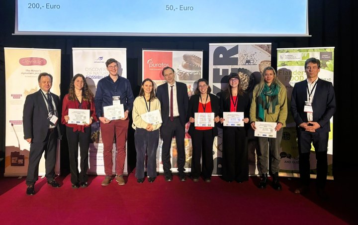 Winners of the oral/poster presentation contest. HealthFerm members: Luc De Vuyst (VUB) - 3rd place Silvia Cera (UH), 2nd place Thomas Gettemans (VUB), 1st place Eline Lambrechts (KU Leuven)